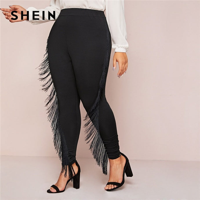 SHEIN Plus Size Black Fringe Trim Skinny Leggings Women Autumn Plus Solid Long Slim Fit Highstreet Glamorous Leggings