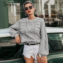 Load image into Gallery viewer, Simplee Hollow out knitted women pullover sweater Lantern sleeve female autumn winter sweater O-neck casual ladies jumper 2019