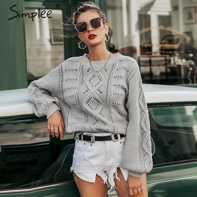 Simplee Hollow out knitted women pullover sweater Lantern sleeve female autumn winter sweater O-neck casual ladies jumper 2019