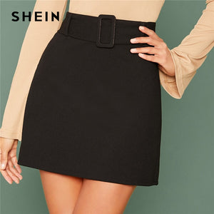 SHEIN Black Buckle Belted Solid Skirts Womens Autumn Solid Stretchy High Waist Elegant A Line Mini Skirt