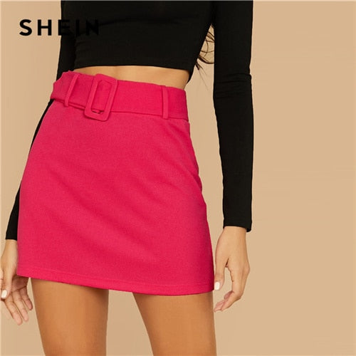 SHEIN Black Buckle Belted Solid Skirts Womens Autumn Solid Stretchy High Waist Elegant A Line Mini Skirt