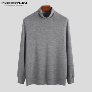 INCERUN Men Autumn Long Sleeve Turtleneck Warm Sweatshirt Pure Color Jumper Stretch Underwear Pullover Slim Mens Tops Hombre