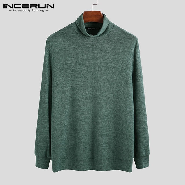 INCERUN Men Autumn Long Sleeve Turtleneck Warm Sweatshirt Pure Color Jumper Stretch Underwear Pullover Slim Mens Tops Hombre
