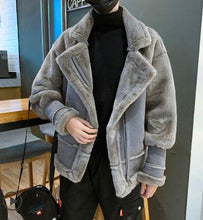 Load image into Gallery viewer, Rebicoo Jackets Men  Men Coat Streetwear Hip Hop Warm Teddy Bear Lining Lapel Leather Zipper Outwear Coat Male Jacket