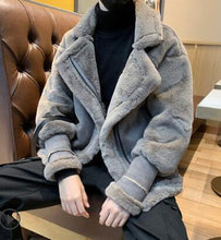 Load image into Gallery viewer, Rebicoo Jackets Men  Men Coat Streetwear Hip Hop Warm Teddy Bear Lining Lapel Leather Zipper Outwear Coat Male Jacket