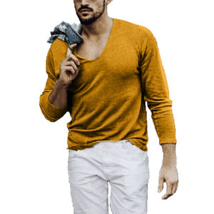 Autumn Men's Sexy V Neck Sweaters Pullover Male Solid Color Slim Fit Khaki Yellow Sweater Tops Knitted Pullovers S-2XL