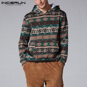 INCERUN Men Casual Comfort Christmas Ethnic Print Long Sleeve Hooded Sweatshirt Fashion Baggy Mens Hoodie Pullover Joggers 7