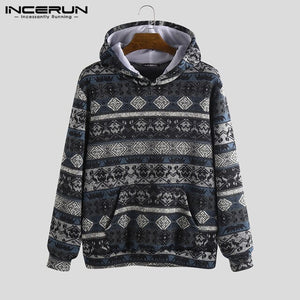 INCERUN Men Casual Comfort Christmas Ethnic Print Long Sleeve Hooded Sweatshirt Fashion Baggy Mens Hoodie Pullover Joggers 7