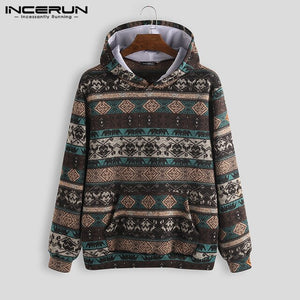 INCERUN Men Casual Comfort Christmas Ethnic Print Long Sleeve Hooded Sweatshirt Fashion Baggy Mens Hoodie Pullover Joggers 7