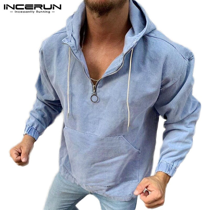 INCERUN Cotton Hooded Men Sweatshirt Long Sleeve Retro Brand Streetwear Zipper Pullovers Leisure Solid Hoodies sudadera hombre