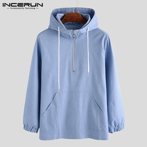 INCERUN Cotton Hooded Men Sweatshirt Long Sleeve Retro Brand Streetwear Zipper Pullovers Leisure Solid Hoodies sudadera hombre