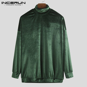 INCERUN Men Fashion Solid Color Long Sleeve Pullover Thermal Sweatshirts Baggy Half Hight Neck Casual Wild Tops Sudadera Hombre