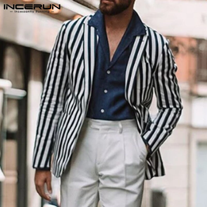 INCERUN Autumn Men Lapel Striped Suit Jackets Coats Business Casual Trend Single Breast Streetwear Social Mens Blazers Masculino