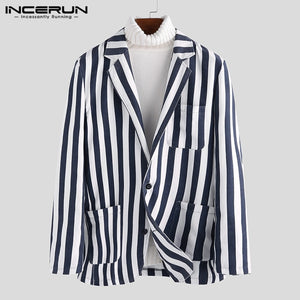 INCERUN Autumn Men Lapel Striped Suit Jackets Coats Business Casual Trend Single Breast Streetwear Social Mens Blazers Masculino