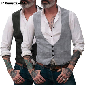 INCERUN Men Suit Vest Slim Fit Leisure Male Gentleman Waistcoat Wedding Formal Pinstripe Business Dress Waistcoat Masculino 2019