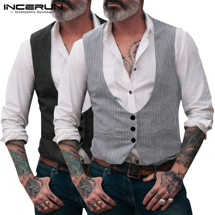 INCERUN Men Suit Vest Slim Fit Leisure Male Gentleman Waistcoat Wedding Formal Pinstripe Business Dress Waistcoat Masculino 2019