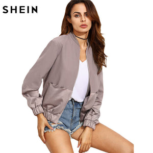 SHEIN Womens Autumn Casual Jackets Ladies Color Block Pocket Zipper Front Stand Collar Long Sleeve Basic Jacket Coat Outwear