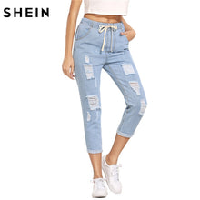 Load image into Gallery viewer, SHEIN Women Summer Pants Casual Trousers for Ladies Blue Ripped Mid Waist Drawstring Skinny Denim Calf Length Jeans