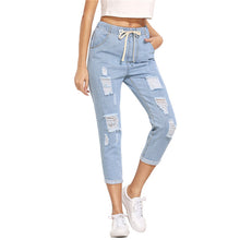 Load image into Gallery viewer, SHEIN Women Summer Pants Casual Trousers for Ladies Blue Ripped Mid Waist Drawstring Skinny Denim Calf Length Jeans