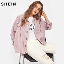 Load image into Gallery viewer, SHEIN Rips Detail Boyfriend Denim Jacket Autumn Womens Jackets and Coats Pink Lapel Single Breasted Casual Fall Jacket