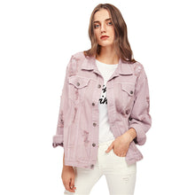 Load image into Gallery viewer, SHEIN Rips Detail Boyfriend Denim Jacket Autumn Womens Jackets and Coats Pink Lapel Single Breasted Casual Fall Jacket