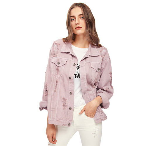 SHEIN Rips Detail Boyfriend Denim Jacket Autumn Womens Jackets and Coats Pink Lapel Single Breasted Casual Fall Jacket