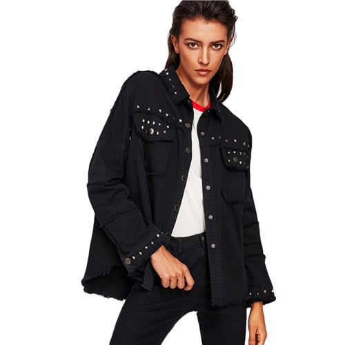 SHEIN Studded Frayed Hem Denim Jacket Autumn Women Coats Black Lapel Single Breasted 2017 Women's Jackets and Coats