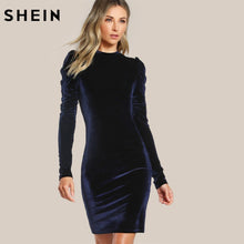 Load image into Gallery viewer, SHEIN Puff Sleeve Velvet Pencil Dress Womens Autumn Dresses Navy Long Sleeve Knee Length Elegant Party Dresses