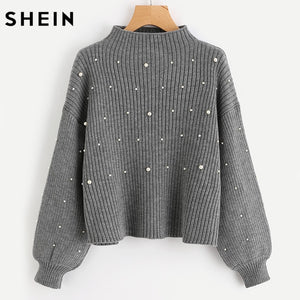 SHEIN Pearl Beaded Rib Knit Jumper Autumn Winter Womens Pullover Sweaters Grey Stand Collar Long Sleeve Tight Sweater