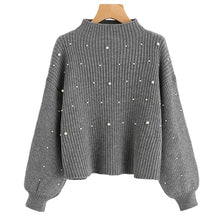 Load image into Gallery viewer, SHEIN Pearl Beaded Rib Knit Jumper Autumn Winter Womens Pullover Sweaters Grey Stand Collar Long Sleeve Tight Sweater