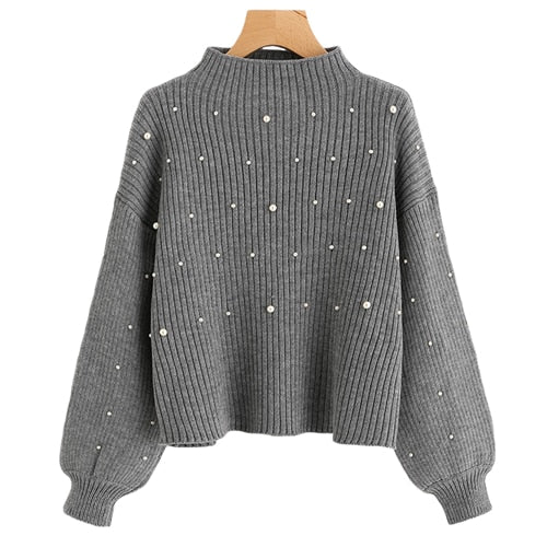 SHEIN Pearl Beaded Rib Knit Jumper Autumn Winter Womens Pullover Sweaters Grey Stand Collar Long Sleeve Tight Sweater