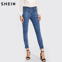 Load image into Gallery viewer, SHEIN Pearl Beaded Frayed Hem Jeans Casual Womens Skinny Jeans Denim Autumn High Waist Bleached Women Zipper Pants