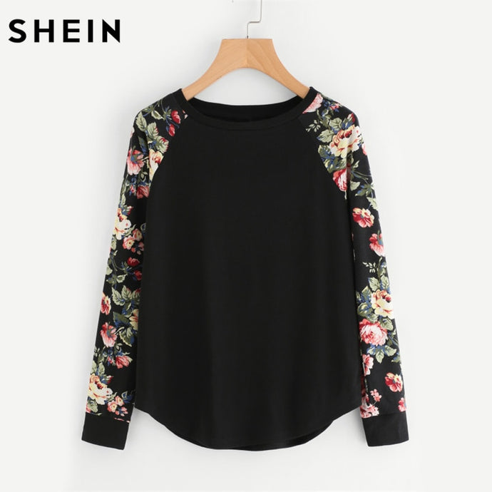 SHEIN Floral Raglan Sleeve Curved Hem Womens Tee Shirts Autumn Womens T shirts Casual Ladies Black Long Sleeve T shirt