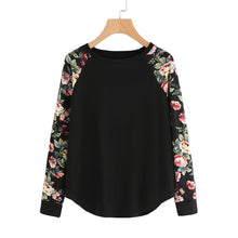 Load image into Gallery viewer, SHEIN Floral Raglan Sleeve Curved Hem Womens Tee Shirts Autumn Womens T shirts Casual Ladies Black Long Sleeve T shirt