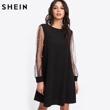 Load image into Gallery viewer, SHEIN Elegant Womens Dresses Pearl Beading Mesh Sleeve Tunic Dress Autumn Black Boat Neck Long Sleeve A Line Dress