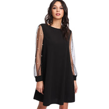 Load image into Gallery viewer, SHEIN Elegant Womens Dresses Pearl Beading Mesh Sleeve Tunic Dress Autumn Black Boat Neck Long Sleeve A Line Dress