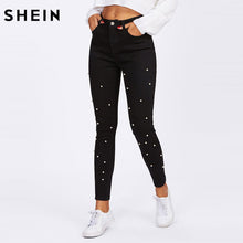 Load image into Gallery viewer, SHEIN Women Jeans Pants Skinny Pearl Beaded Front Jeans Summer Spring Mid Waist Zipper Fly Long Denim Casual Pants