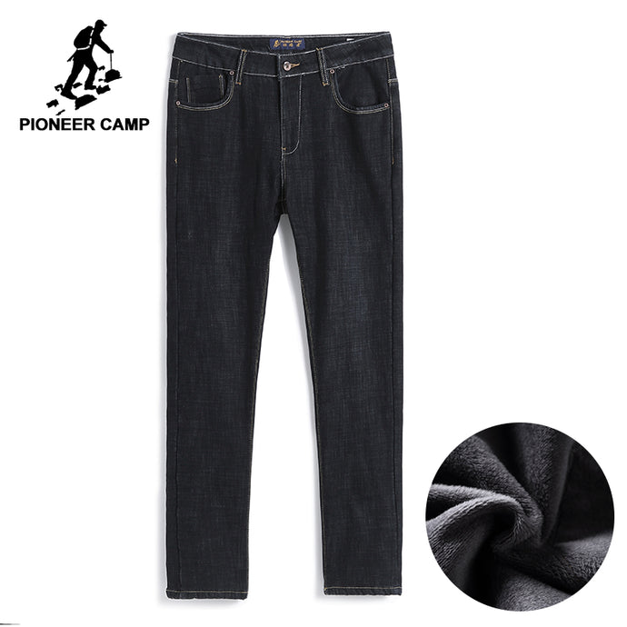 Pioneer Camp new winter warm fleece jeans men brand-clothing black thick denim pants male quality heavyweight trousers ANZ710002