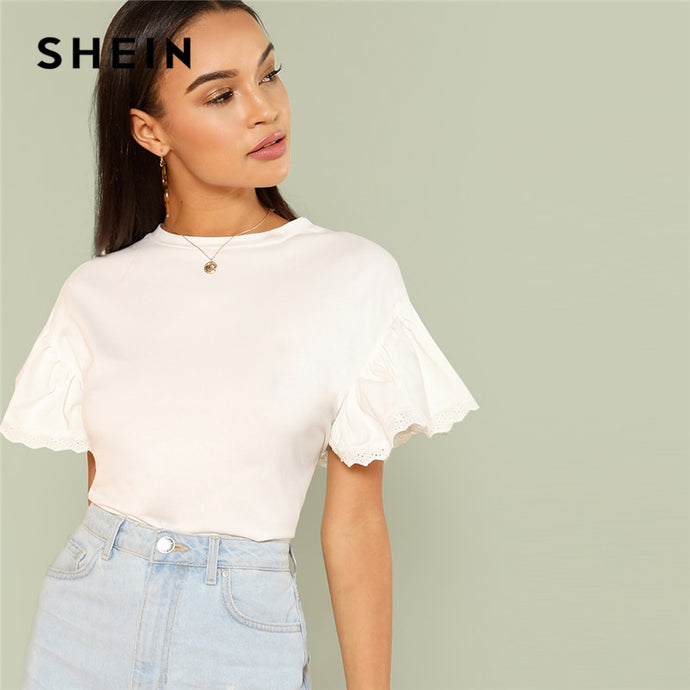 SHEIN White Elegant Round Neck Eyelet Embroidered Trim Ruffle Short Sleeve Solid T-shirt Summer Women Weekend Casual Tee Top