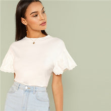 Load image into Gallery viewer, SHEIN White Elegant Round Neck Eyelet Embroidered Trim Ruffle Short Sleeve Solid T-shirt Summer Women Weekend Casual Tee Top