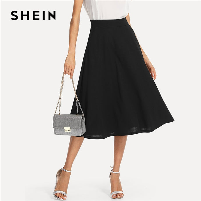 SHEIN Black Elegant Slant Pocket Side Circle Mid Waist Long Skirt Summer Women Office Lady Workwear Solid Skirts