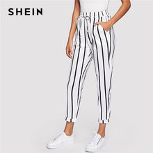 Load image into Gallery viewer, SHEIN Black and White Casual Drawstring Waist Striped High Waist Tapered Carrot Pants Summer Women Going Out Trousers