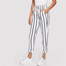 Load image into Gallery viewer, SHEIN Black and White Casual Drawstring Waist Striped High Waist Tapered Carrot Pants Summer Women Going Out Trousers