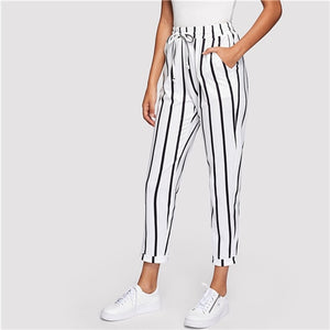 SHEIN Black and White Casual Drawstring Waist Striped High Waist Tapered Carrot Pants Summer Women Going Out Trousers