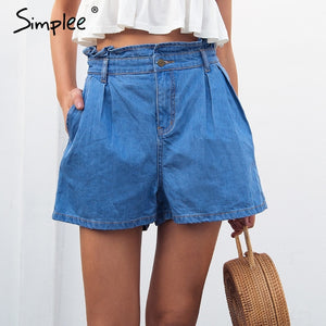 Simplee Summer casual ruffle blue denim shorts Women button pocket high waist shorts Chic beach jeans shorts streetwear 2018