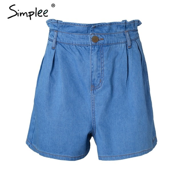 Simplee Summer casual ruffle blue denim shorts Women button pocket high waist shorts Chic beach jeans shorts streetwear 2018