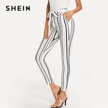 Load image into Gallery viewer, SHEIN Vertical Striped Skinny Pants White Elastic Waist Pocket Tapered Carrot Trousers Women Autumn Crop Workwear Pants