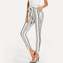 Load image into Gallery viewer, SHEIN Vertical Striped Skinny Pants White Elastic Waist Pocket Tapered Carrot Trousers Women Autumn Crop Workwear Pants