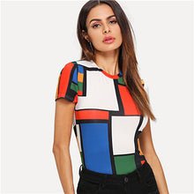 Load image into Gallery viewer, SHEIN Geometric Print Color Block Top Multicolor Short Sleeve Round Neck Tee Women Raglan Sleeve Slim Fit Pullovers T-shirt