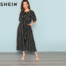 Load image into Gallery viewer, SHEIN Black And White Striped Raglan Sleeve Plus Size Belted Women Wide Leg Jumpsuits Office Lady O Neck Casual Loose Jumpsuit